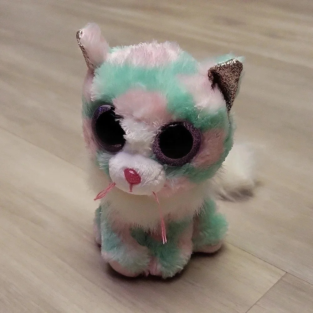 TY Beanie Baby Opal Purple Glitter Eyes Pink and Teal Cat